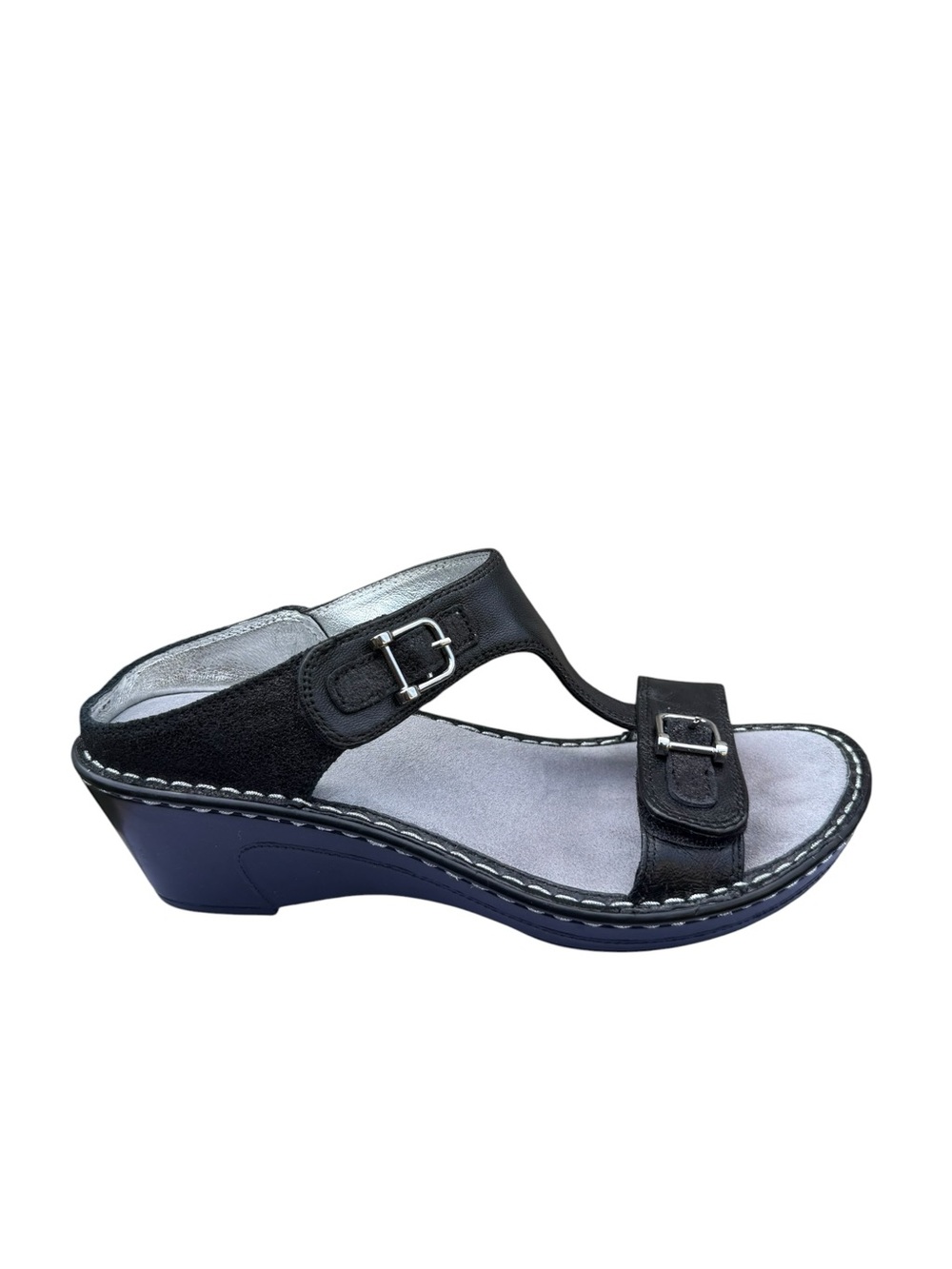 Alegria Black Leather Wedge Slide Sandals with Buckles